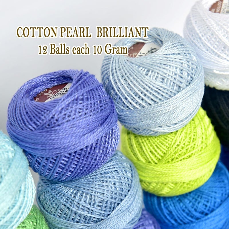 colored bird Double Mercerized Egyptian Long Staple Cotton Pearl Thread Ball 10 Grams Rainbow Color Embroidery Thread 12 Colors per Box for Crochet Hardanger Cross Stitch Hand Embroidery,Bluegreen Series - Image 4